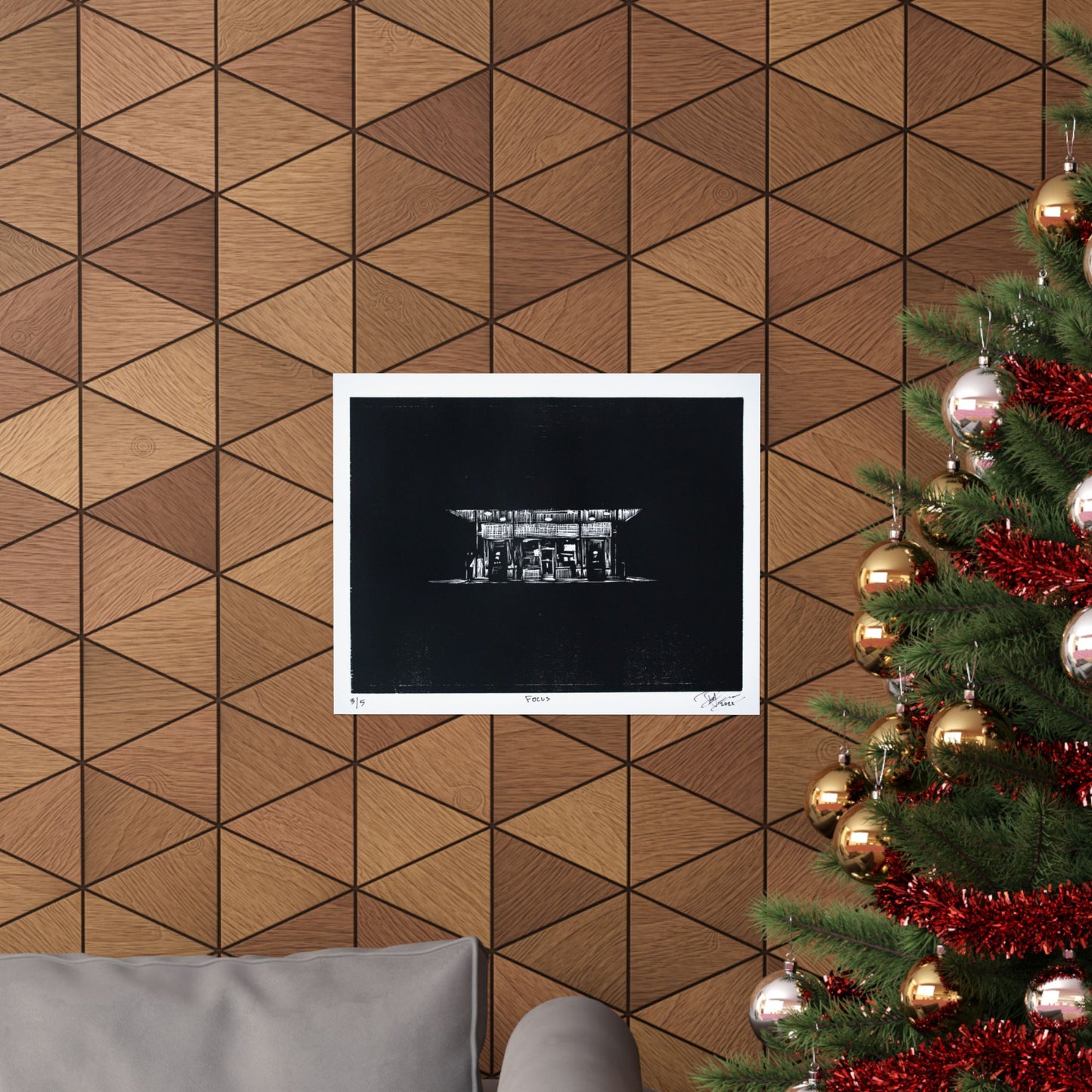 “Focus" 3/5 Matte Print of a woodblock etching by Paige Brown