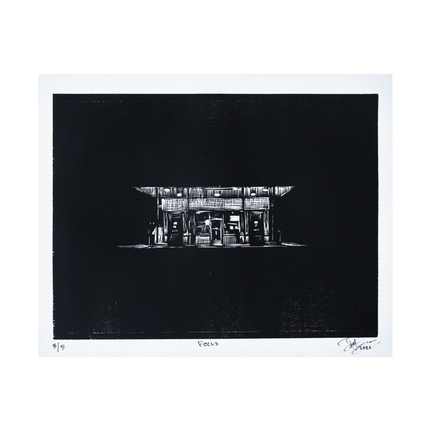 “Focus" 3/5 Matte Print of a woodblock etching by Paige Brown