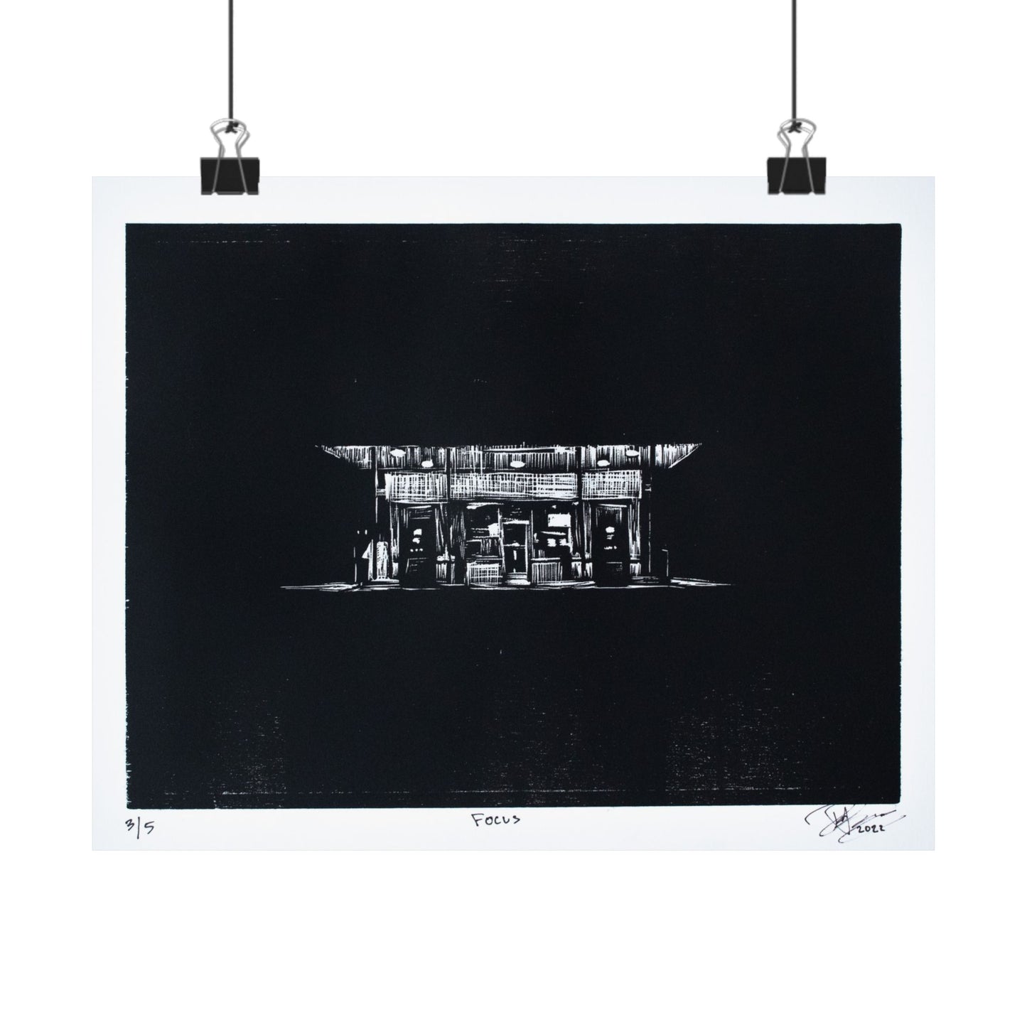 “Focus" 3/5 Matte Print of a woodblock etching by Paige Brown