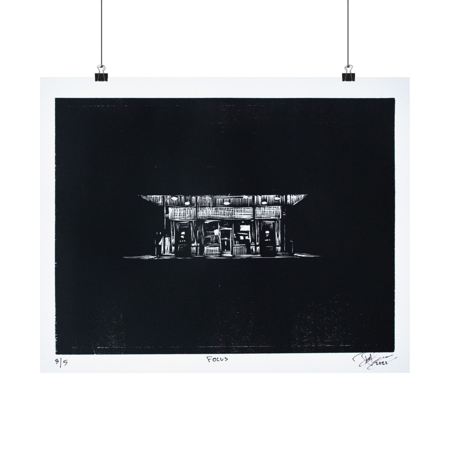 “Focus" 3/5 Matte Print of a woodblock etching by Paige Brown